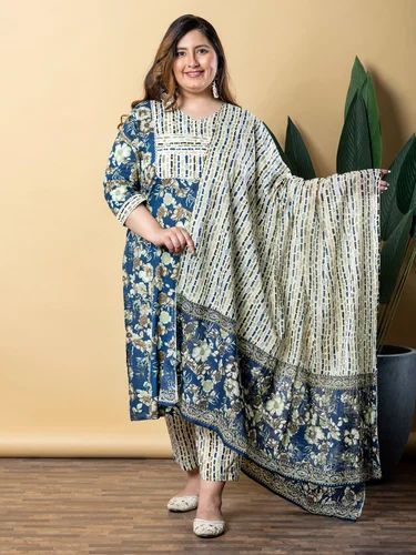 A Line Style Cotton Fabric Black Color Kurta With Bottom And Dupatta