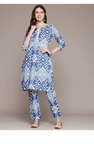 Straight style Cotton fabric Blue color kurta and Bottom