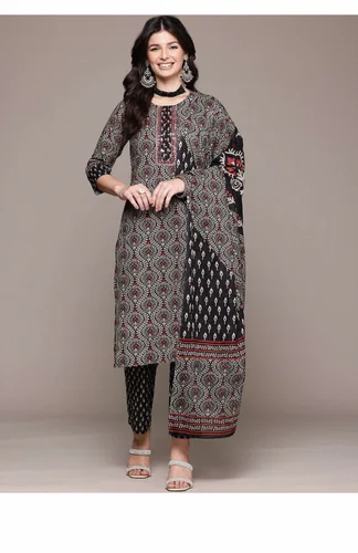 Party Wear Printed Straight style Cotton Black color kurta Suit, 3-Piece Set
