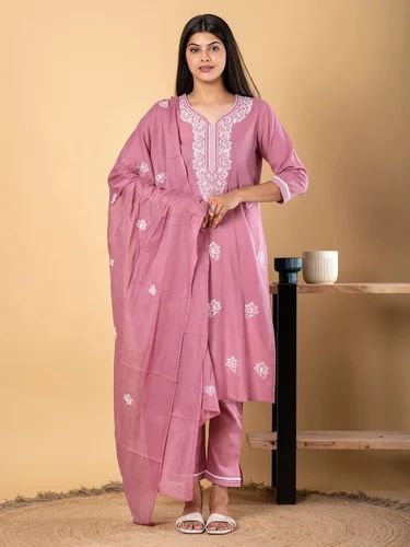 Straight Style Linen Fabric Mauve Color Kurta And Bottom With Dupatta, Size: XXL