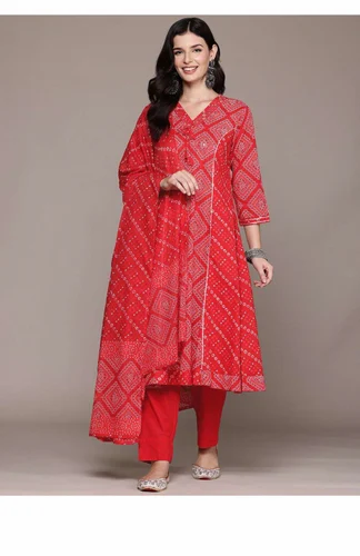 A line style Cotton fabric Red color kurta and Bottom with Dupatta, Size: XL