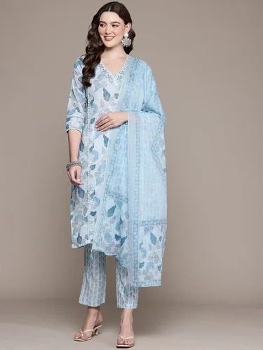 Floral Straight Style Cotton Fabric Blue Color Kurta And Bottom With Dupatta