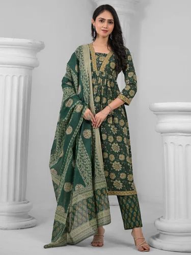 Anarkali Style Cotton Fabric Green Color Kurta And Bottom With Dupatta