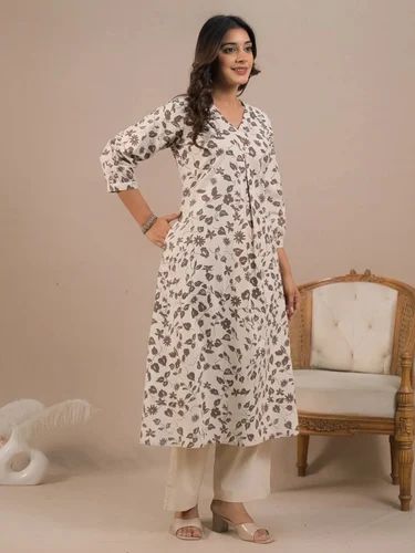 Casual Wear A Line Style Cotton Flex Fabric Off White Color Kurta With Bottom