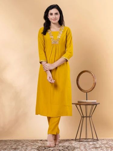 Straight Style Silk Fabric Yellow Color Kurta And Bottom