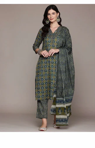 Floral Straight style Cotton fabric Olive color kurta and Bottom with Dupatta