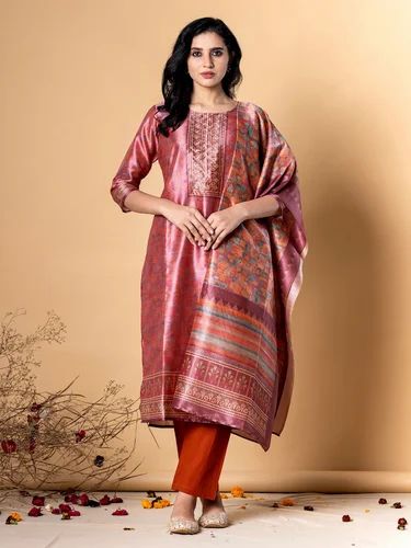 Straight Style Chanderi Silk Fabric Peach Color Kurta And Bottom With Dupatta