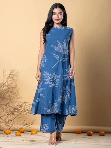A Line Style Cotton Blend Fabric Blue Color Kurta And Bottom, Size: Xxl