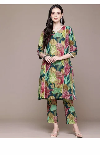 Straight style Cotton fabric Teal color kurta and Bottom