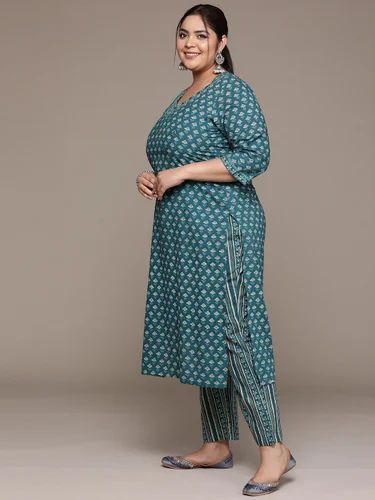 Women Plus Size Floral Printed Mirror Work Pure Cotton Teal Kurta Set