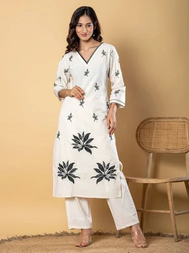 Straight Cotton Flex fabric Off White Long Kurti
