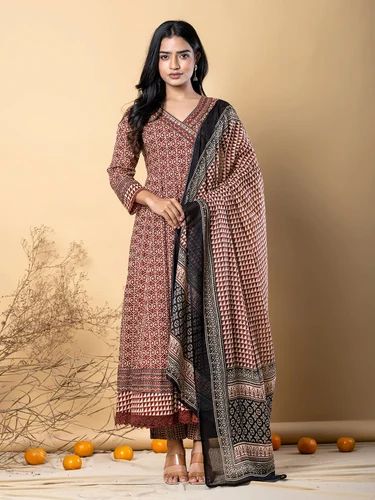 Anarkali Style Cotton Fabric Maroon Color Kurta And Bottom With Dupatta