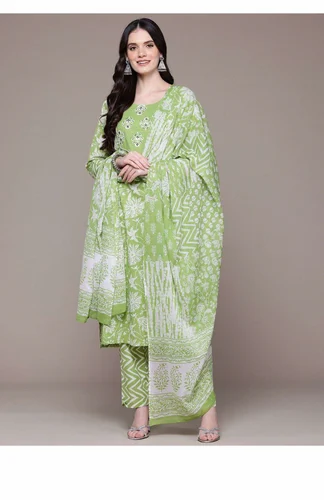 Printed Straight style Cotton fabric Green color kurta and Bottom with Dupatta