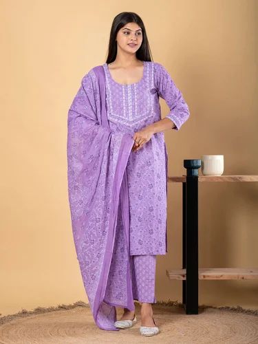 Straight Style Cotton Fabric Lavender Color Kurta And Bottom With Dupatta Set