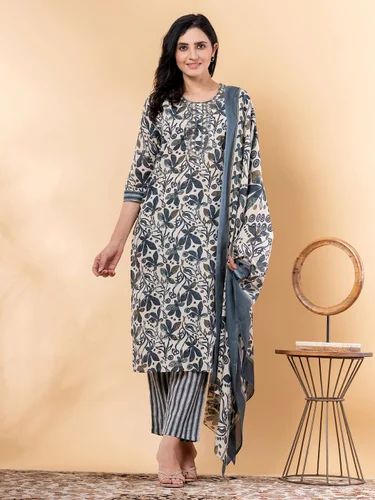 Straight Style Cotton Blend Fabric Grey Color Kurta And Bottom With Dupatta