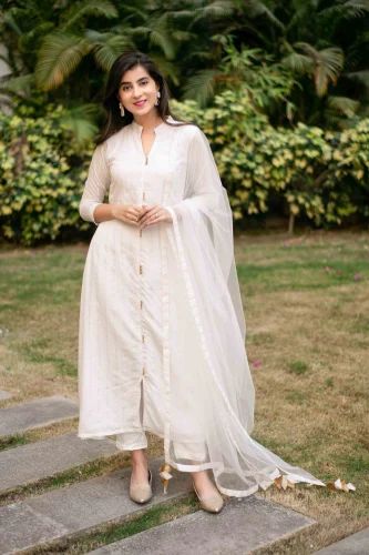 Women's White A-Line Chanderi Kurta Set With Dupatta (3pcs set), Size: Xs