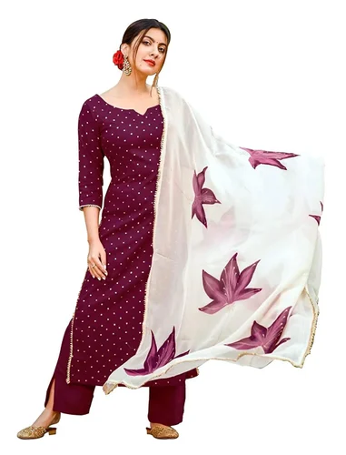 Straight Women's Wine Cotton Printed Kurta Palazzo Set With Dupatta