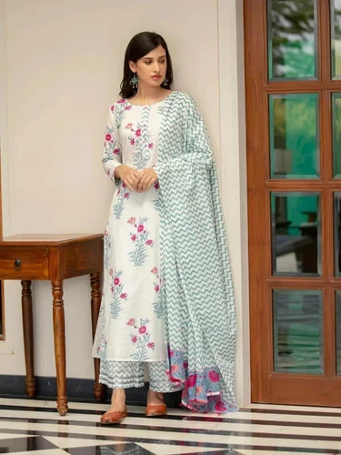 Straight Women's White Cotton Floral Printed Kurta Palazzo Set With Dupatta