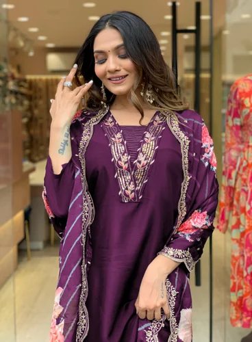 Embroidered Women'S Wine Rayon Embroidery Party Wear Suit Set