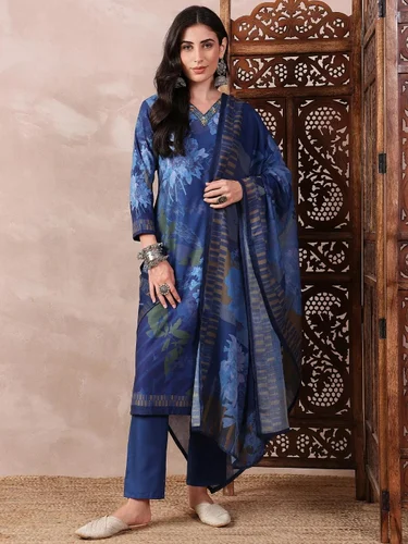 Women's Blue Silk Blend Floral Printed Straight Kurta Trouser With Dupatta