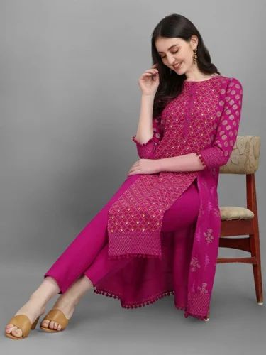 Women's Floral Printed Knee Length A-Line Cotton Blend Kurti And Pant Set (Rani)