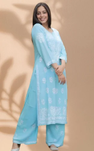 Women's Sky Blue Lucknowi Embroidery Worked Premuim Rayon Lucknowi Kurta Set