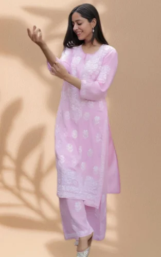 Women's Pink Lucknowi Embroidery Worked Premuim Rayon Lucknowi Kurta Set