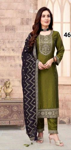 Green Silk Designer Suits With Heavy Dupatta, Stitched