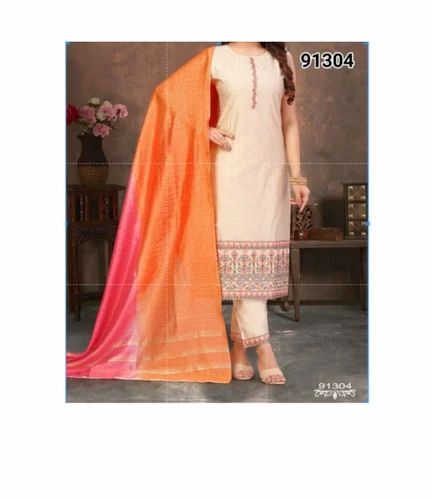 Hand Embroidery Chanderi Silk Suit