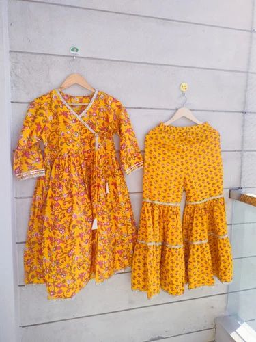Cotton Self Design Angrkha Sharara, Yellow