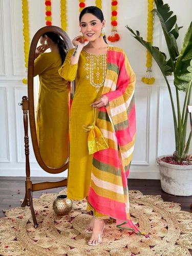 Complete Party Wear Set: Kurta, Pant, and Dupatta with Intricate Embroidery