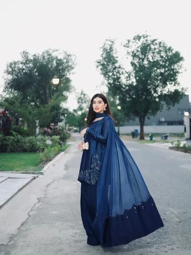 Party Wear Designer Collection In Natural Crep Silk Top-Bottom And Dupatta Set, Work: Handwork, Stitched