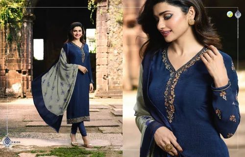 Crepe Embroidered Printed And Embroidery Straight Long Suit, Blue