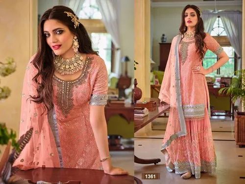 Fox georgette orange Designer Party Wear Sharara Salwar Suits, Pakistani