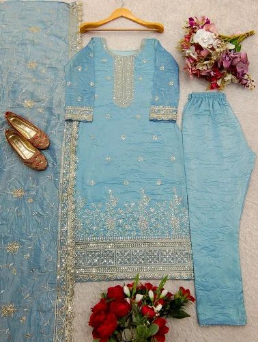 Top&Pent&Dupatta Set Fully Stitched Ready To Wear, Embroidery, Gold Crush Silk
