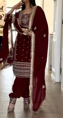Crepe Designer Long Panjabi Suit Top , Pant and Dupptta In Fancy Style, Embroidery