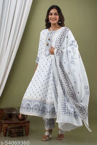 Anarkali Hand Block Print Cotton Kurtis Pant With Duppata
