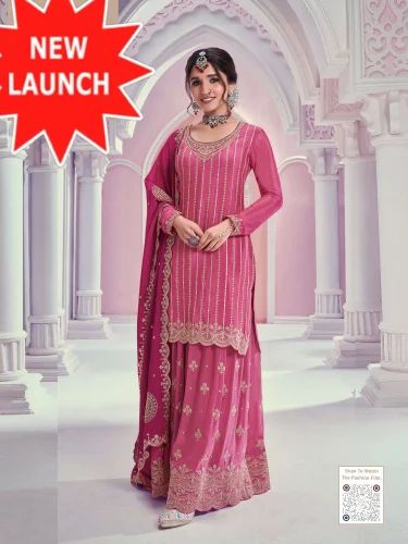 Silk Pink Heavy Chinon with Embroidery work & Siquance Work Pakistani suit UAE