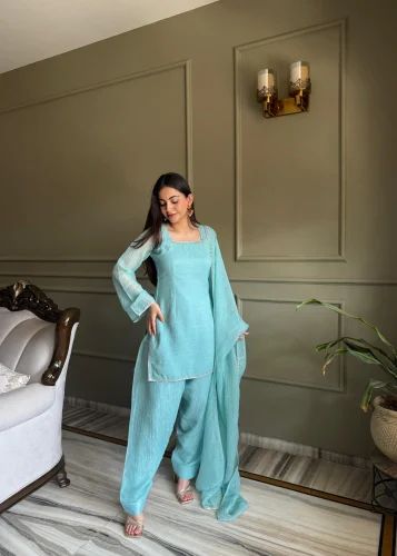 Party Wear FARSHI SALWAR SUIT CRUNCHY SILK, Stitched, Work: Sequin Work