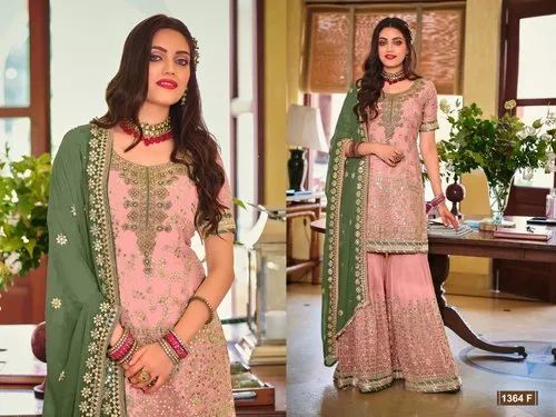 Fox georgette peach Designer Party Wear Sharara Suit, Dry clean, Pakistani