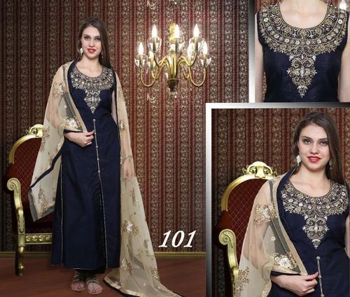 Silk Embroidered Designer Black Front Cut Ladies Suit