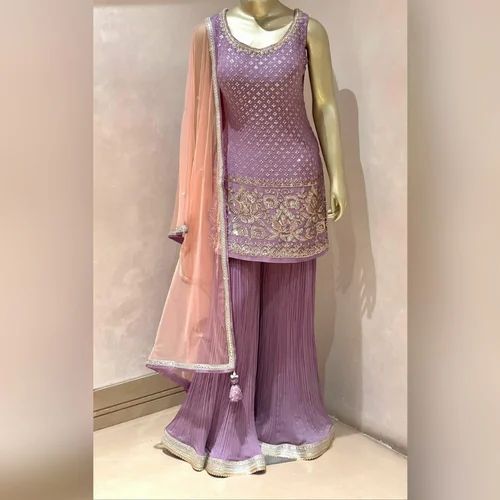 Lilac Georgette Straight Cut Heavy Party Wear Suit