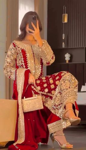 FAUX GEORGETTE Ladies Karwachauth Special Suits, 5 Inches