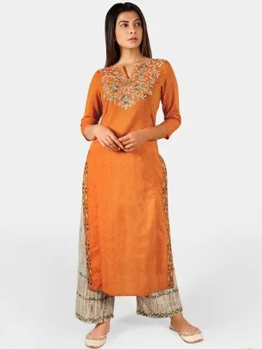 Embroidered Cotton Orange Handloom Silk Neckline Kurta Set