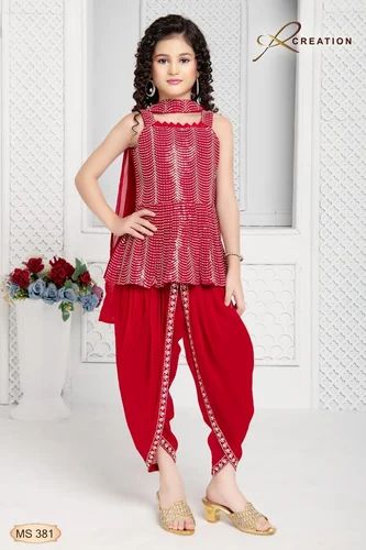 Georgette Red Embroidered Top Patiala Set, Stitched