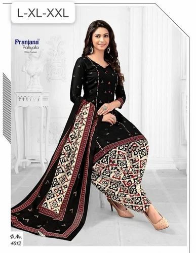 Black Pure Cotton Printed Patiala Suit, Stitched