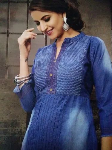 Blue, Black Formal Wear Blue Denim Jeans Kurti