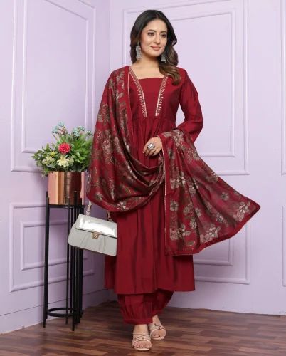 Latest Designer Silk Printed Work Kurti Set
