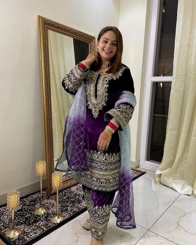 Velvet Ladies Punjabi Suit, Stitched