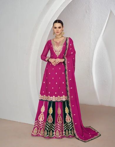 Chiffon Wedding Wear Latest Designer Chinon Silk Embroidery Suit, Stitched